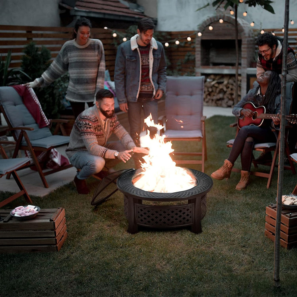 3 in 1 Fire Pit, 32" Outdoor round Wood Burning Fire Pit