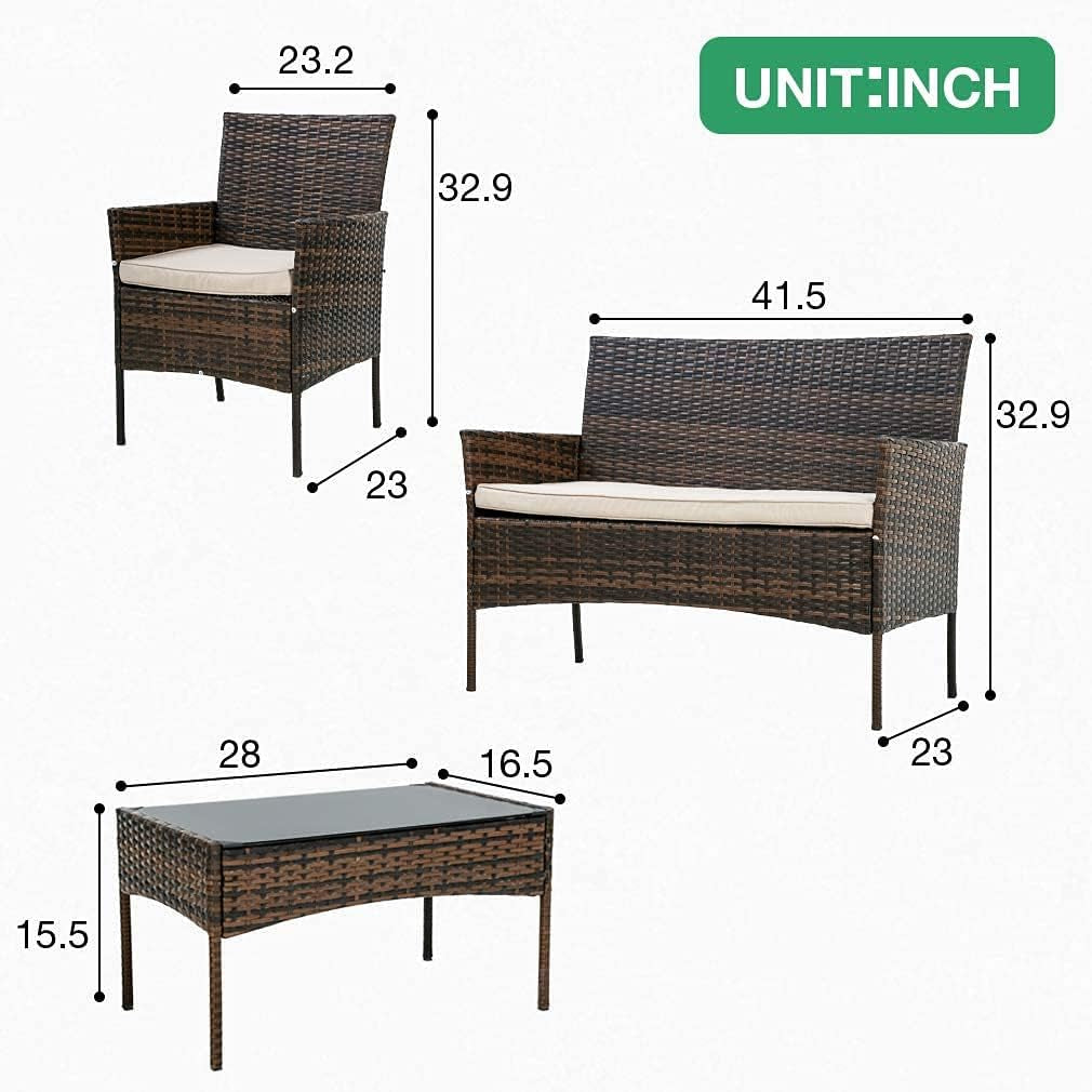 Outdoor Patio Furniture Sets 4 Pieces Patio Set Rattan Chair Wicker Sofa Conversation Set Patio Chair for Backyard Lawn Porch Poolside Balcony Garden Furniture Sets with Coffee Table (Brown)