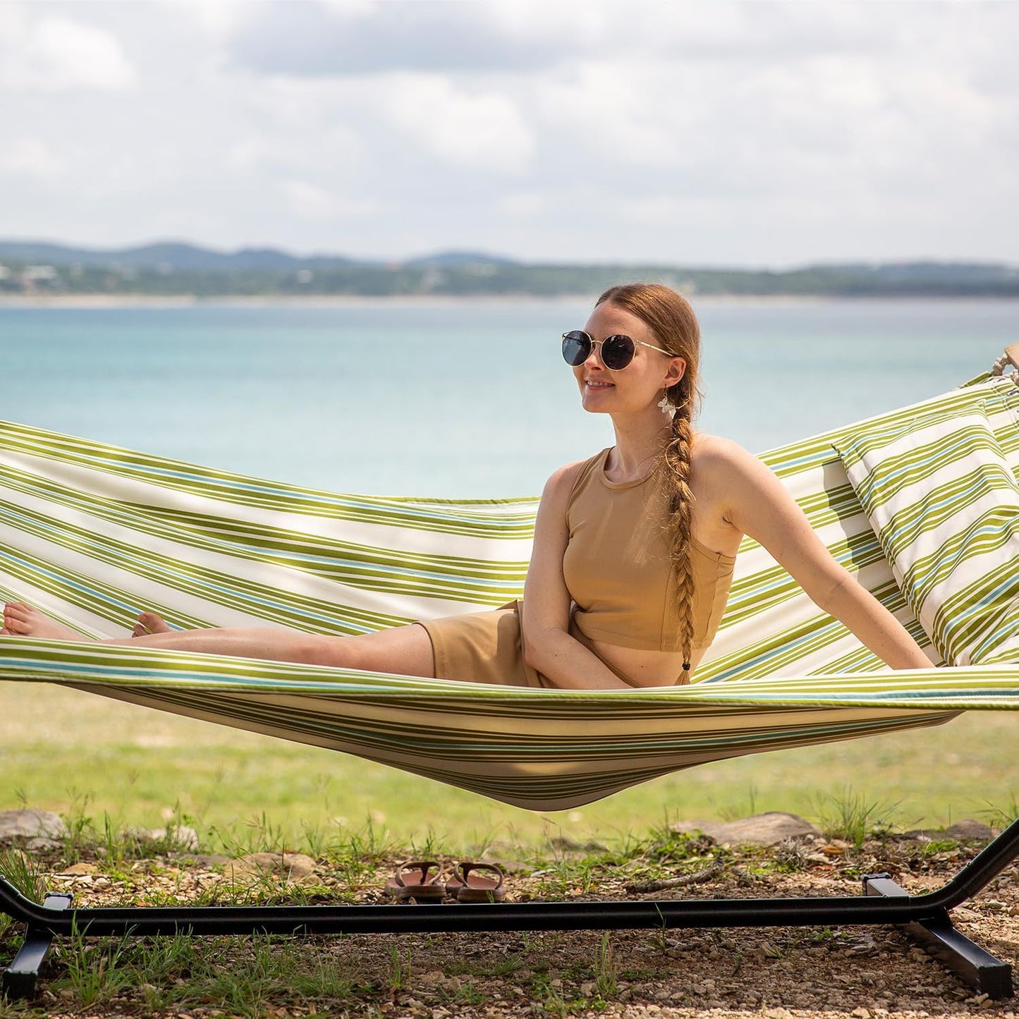 Double Outdoor Hammock with Stand and Heavy Duty Hammock Storage Bag, Extra Large Quilted Fabric Hammock Set