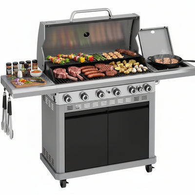 6 Burner BBQ Propane Gas Grill with Side Burner & Porcelain-Enameled Cast Iron Grates, Grill Griddle Combo for Outdoor Barbecue, 740 SQ.IN. Large Cooking Area