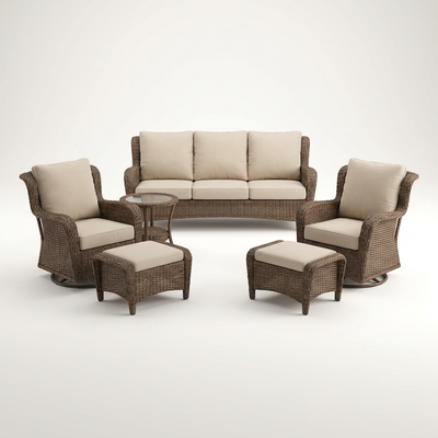 Outdoor Patio Furniture Set Built for Ultimate Comfort, Swivel Rockers, 6 Inch Cushions, Glass Table