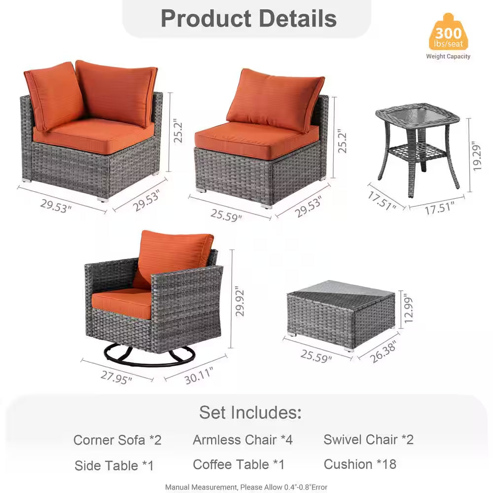 Messi Grey 10-Piece Wicker Patio Conversation Sofa Seating Set with Swivel Rocking Chairs and Orange Red Cushions