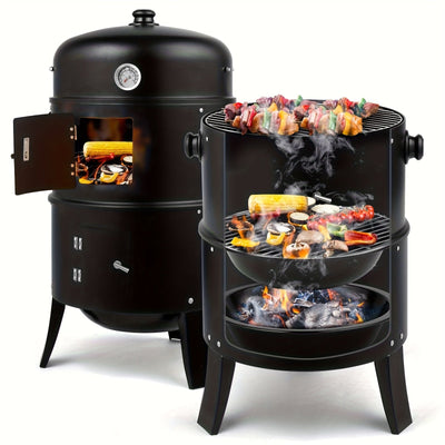 3-in-1 Charcoal Smoker Grill BBQ Fire Pit Portable Outdoor Camping Grill