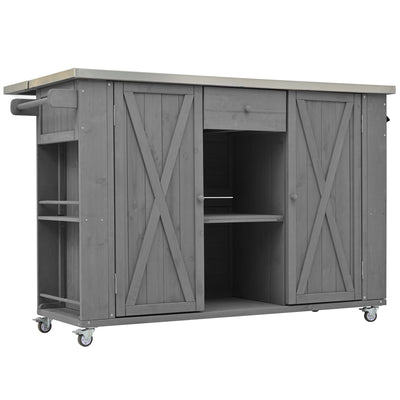 Outdoor Kitchen Island Fir Wood Kitchen Island with Stainless Steel Top, Ample Storage, Towel and Spice Racks, Bottle Opener, Grey