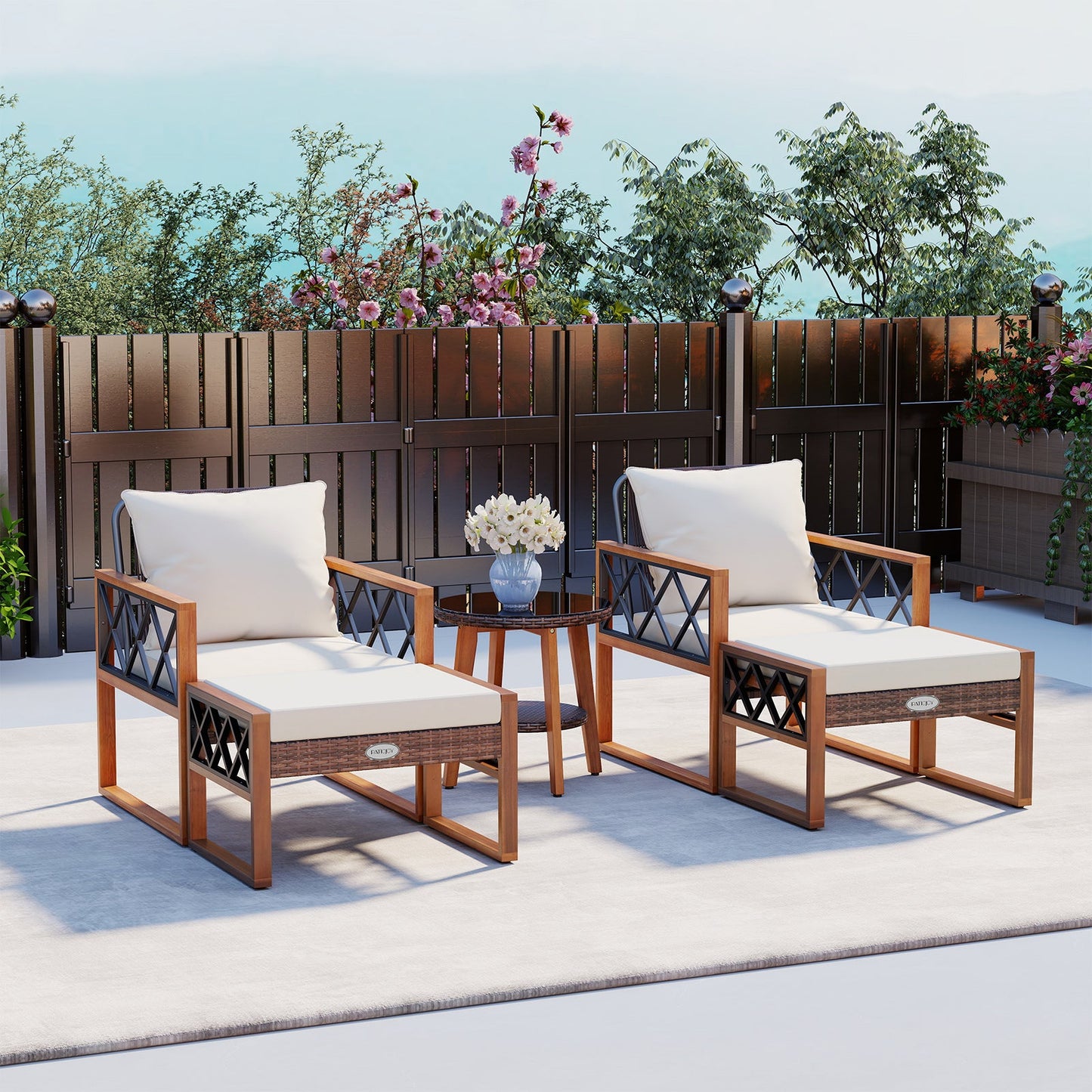 5 Pieces Patio Furniture Set PE Rattan Outdoor Conversation Set with Acacia Wood