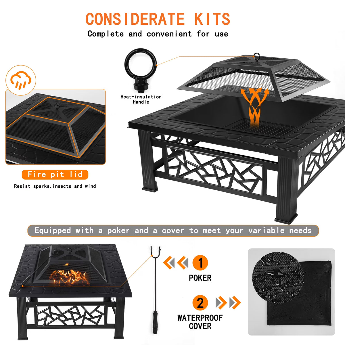 32" Fire Pit Table,  3-In-1 Outdoor Fire Pit with BBQ Grill, Mesh Lid & Cover, Modern Metal Square Wood Burning Fire Pit for Outside, Backyard, Patio & Camping