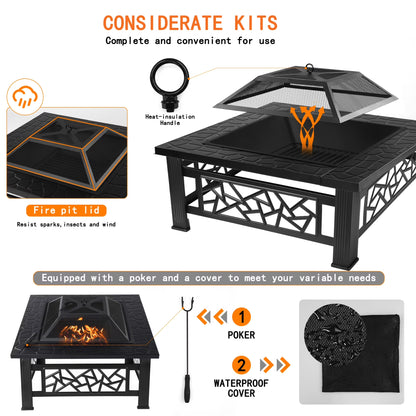 32" Fire Pit Table,  3-In-1 Outdoor Fire Pit with BBQ Grill, Mesh Lid & Cover, Modern Metal Square Wood Burning Fire Pit for Outside, Backyard, Patio & Camping