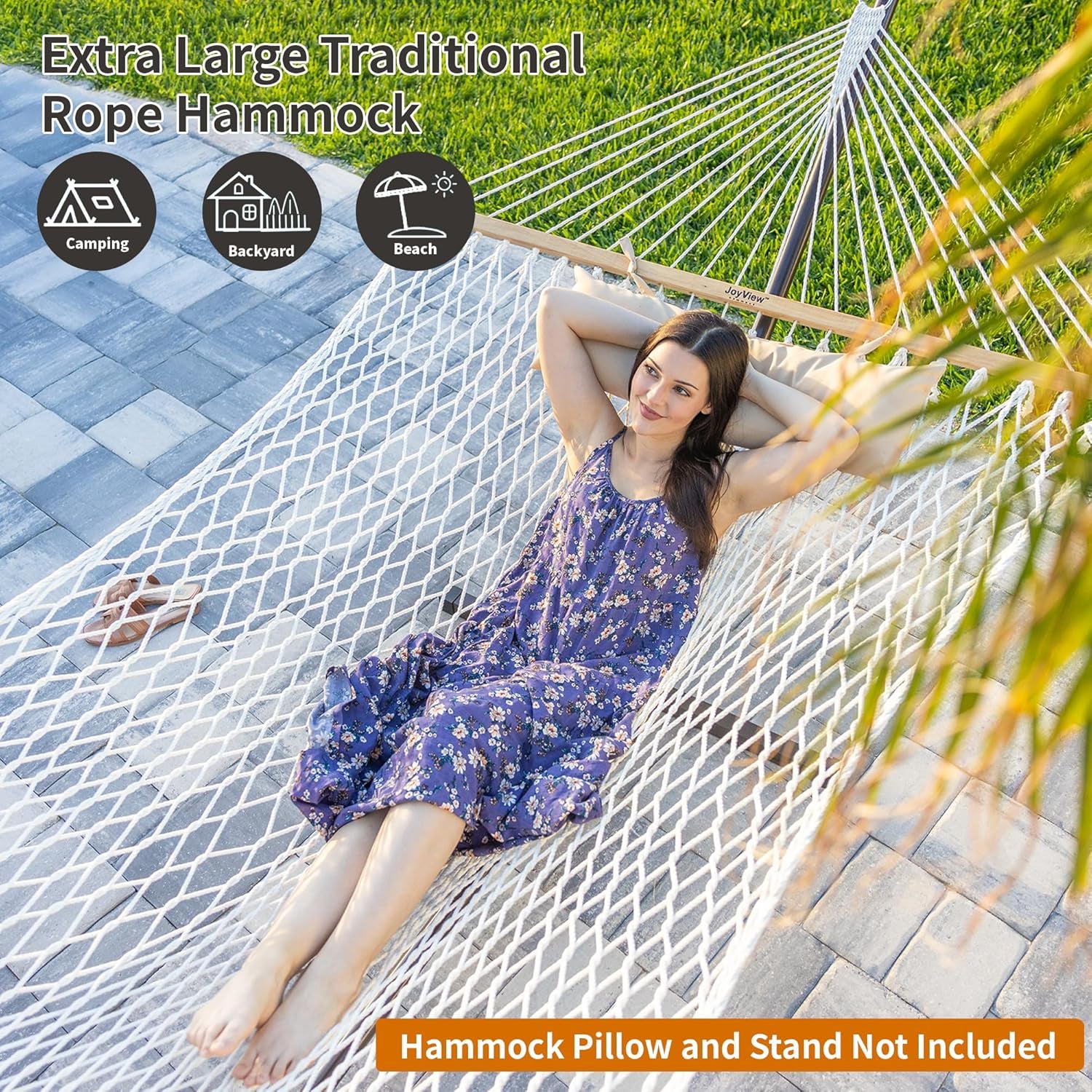 Traditional Rope Double Hammock - Hand Woven Polyester Hammock with Hardwood Spreader Bar 450Lb Capacity for Outdoor Indoor Patio Yard - White