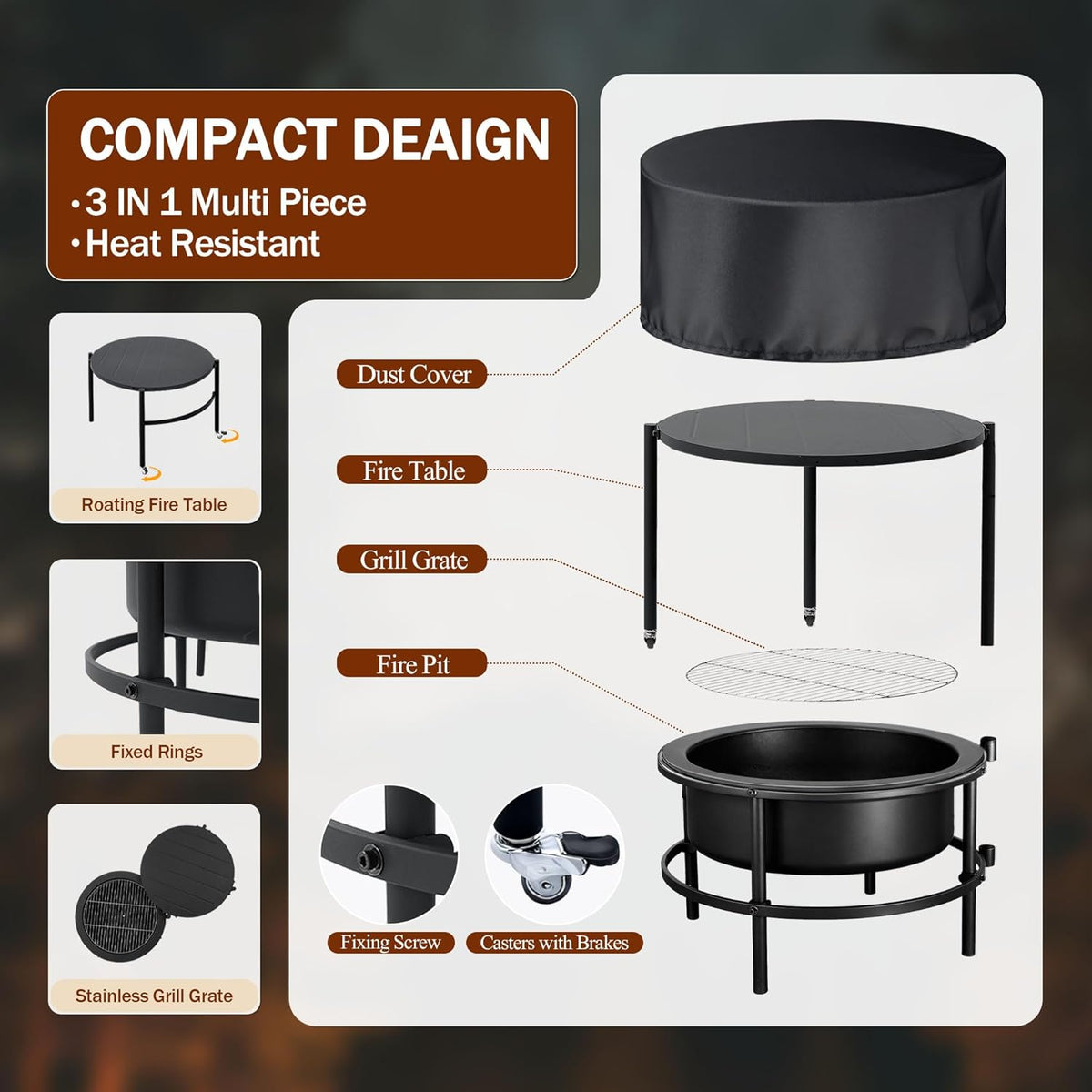 Large Outdoor Fire Pit with Poker, round Wood Burning Firepit Bowl