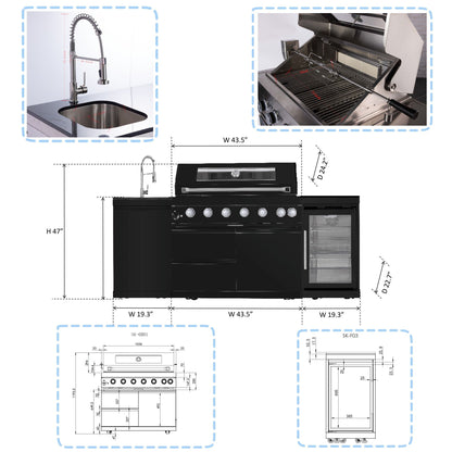 6 Burner 85, 000 Btu Outdoor Kitchen Island Grill With Wine Cooler Refrigerator, Rotisserie Kit, Granite Countertops & Sink - Black