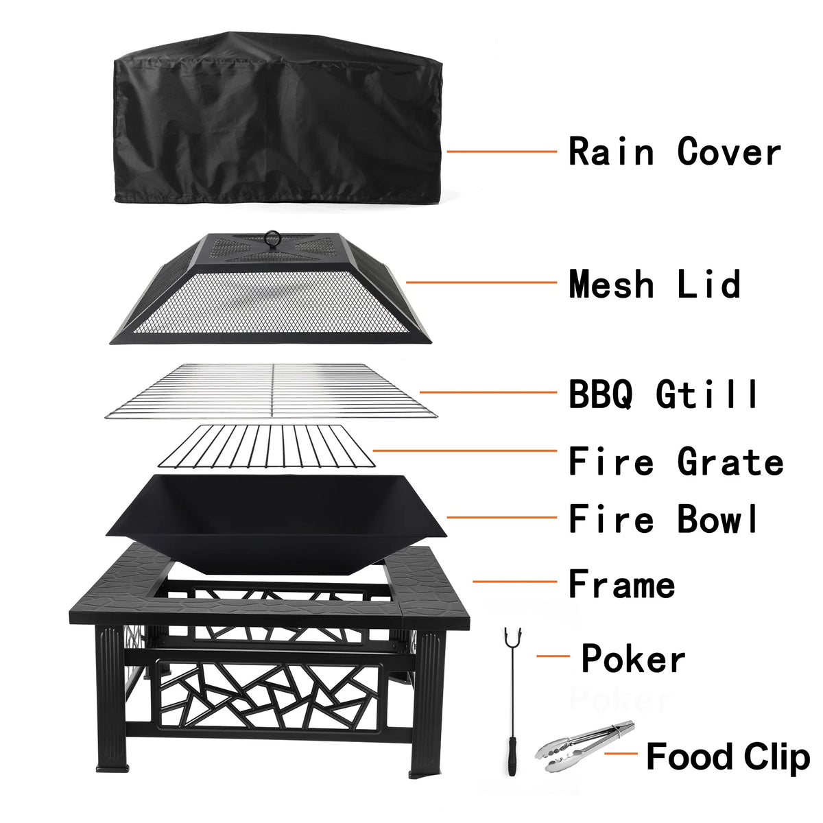 32" Fire Pit Table,  3-In-1 Outdoor Fire Pit with BBQ Grill, Mesh Lid & Cover, Modern Metal Square Wood Burning Fire Pit for Outside, Backyard, Patio & Camping