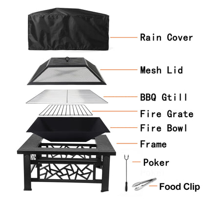 32" Fire Pit Table,  3-In-1 Outdoor Fire Pit with BBQ Grill, Mesh Lid & Cover, Modern Metal Square Wood Burning Fire Pit for Outside, Backyard, Patio & Camping
