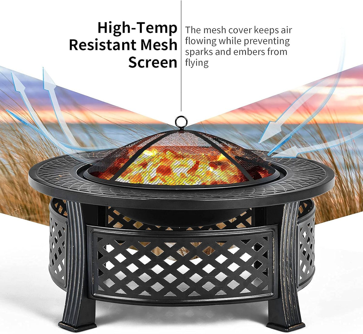3 in 1 Fire Pit, 32" Outdoor round Wood Burning Fire Pit