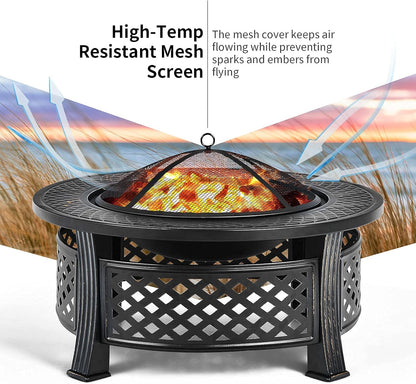 3 in 1 Fire Pit, 32" Outdoor round Wood Burning Fire Pit