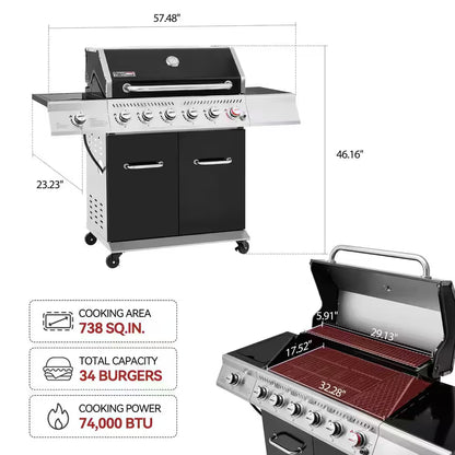 6-Burner BBQ Liquid Propane Gas Grill with Sear Burner and Side Burner, 74,000 BTU, Cabinet Style Grill in Black