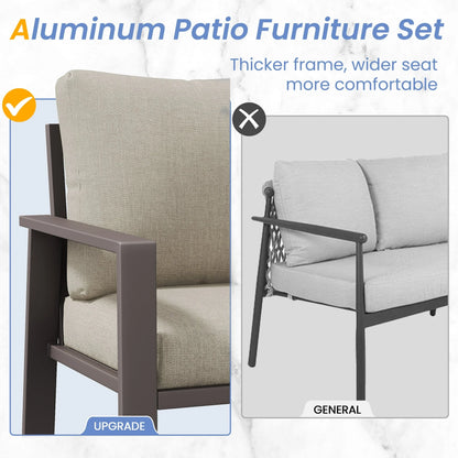 Aluminum Patio Furniture Set, Contemporary Outdoor Couch Set, Aluminum Patio Conversation Set, Beige