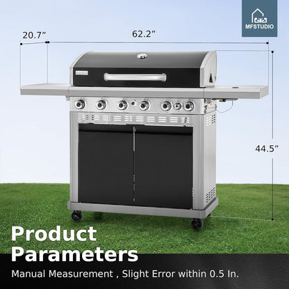 6 Burner BBQ Propane Gas Grill with Side Burner & Porcelain-Enameled Cast Iron Grates, Grill Griddle Combo for Outdoor Barbecue, 740 SQ.IN. Large Cooking Area