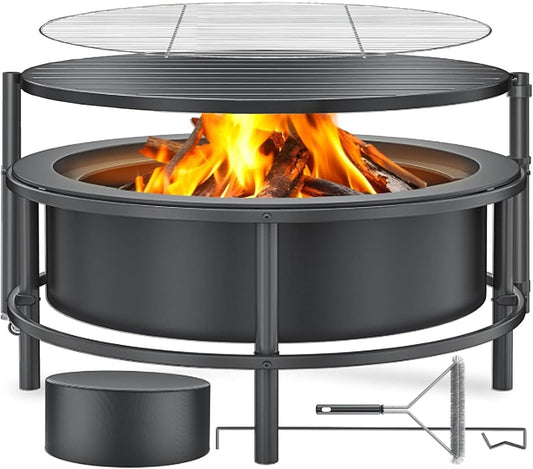 Large Outdoor Fire Pit with Poker, round Wood Burning Firepit Bowl