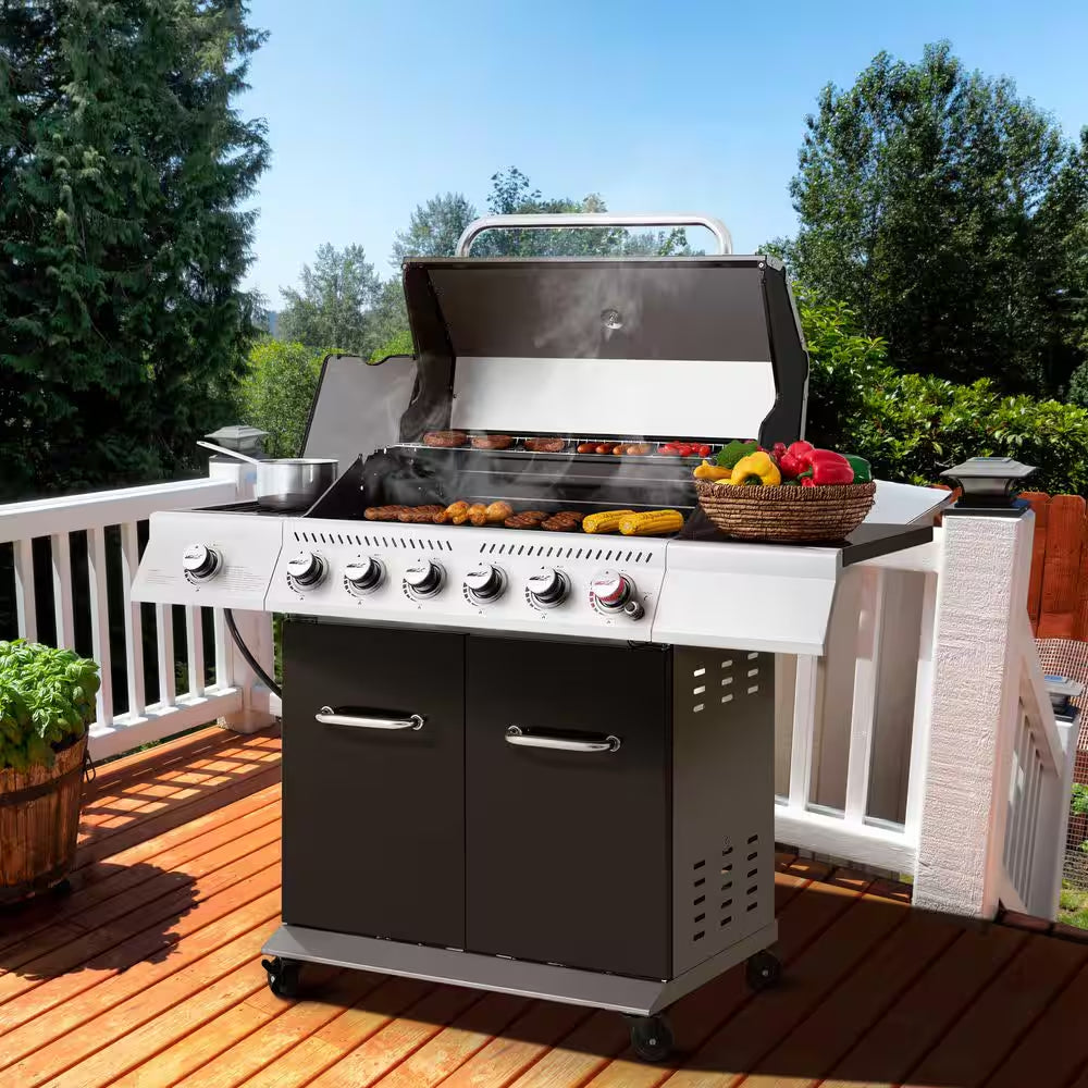 6-Burner BBQ Liquid Propane Gas Grill with Sear Burner and Side Burner, 74,000 BTU, Cabinet Style Grill in Black