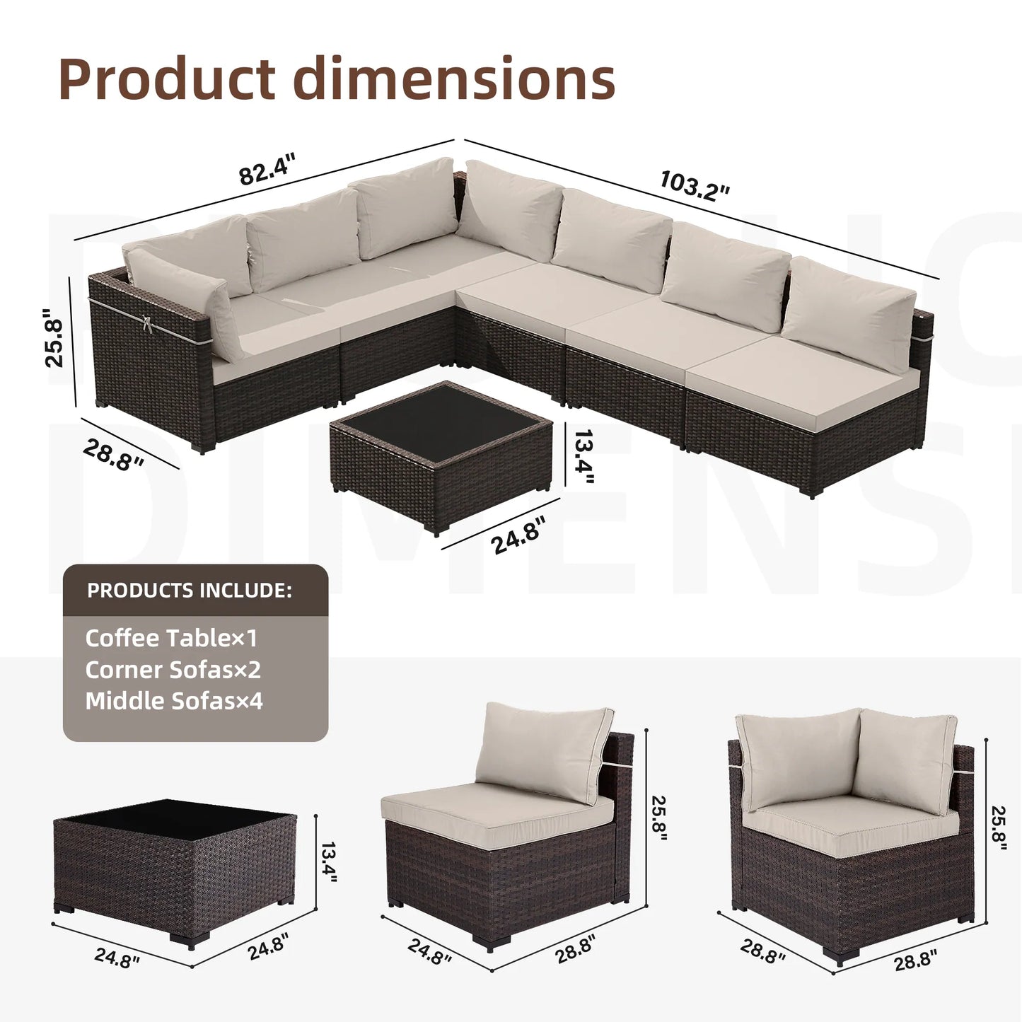 7 -Piece Wicker Patio Conversation Set with Beige Cushions
