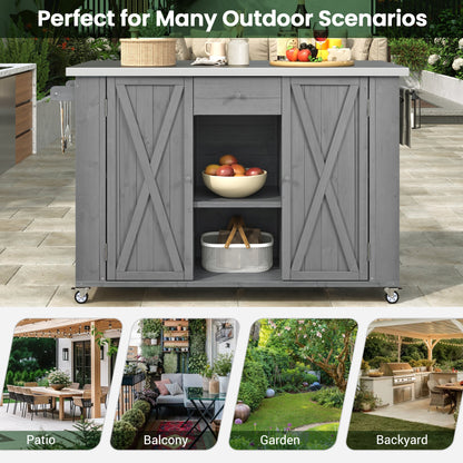 Outdoor Kitchen Island Fir Wood Kitchen Island with Stainless Steel Top, Ample Storage, Towel and Spice Racks, Bottle Opener, Grey