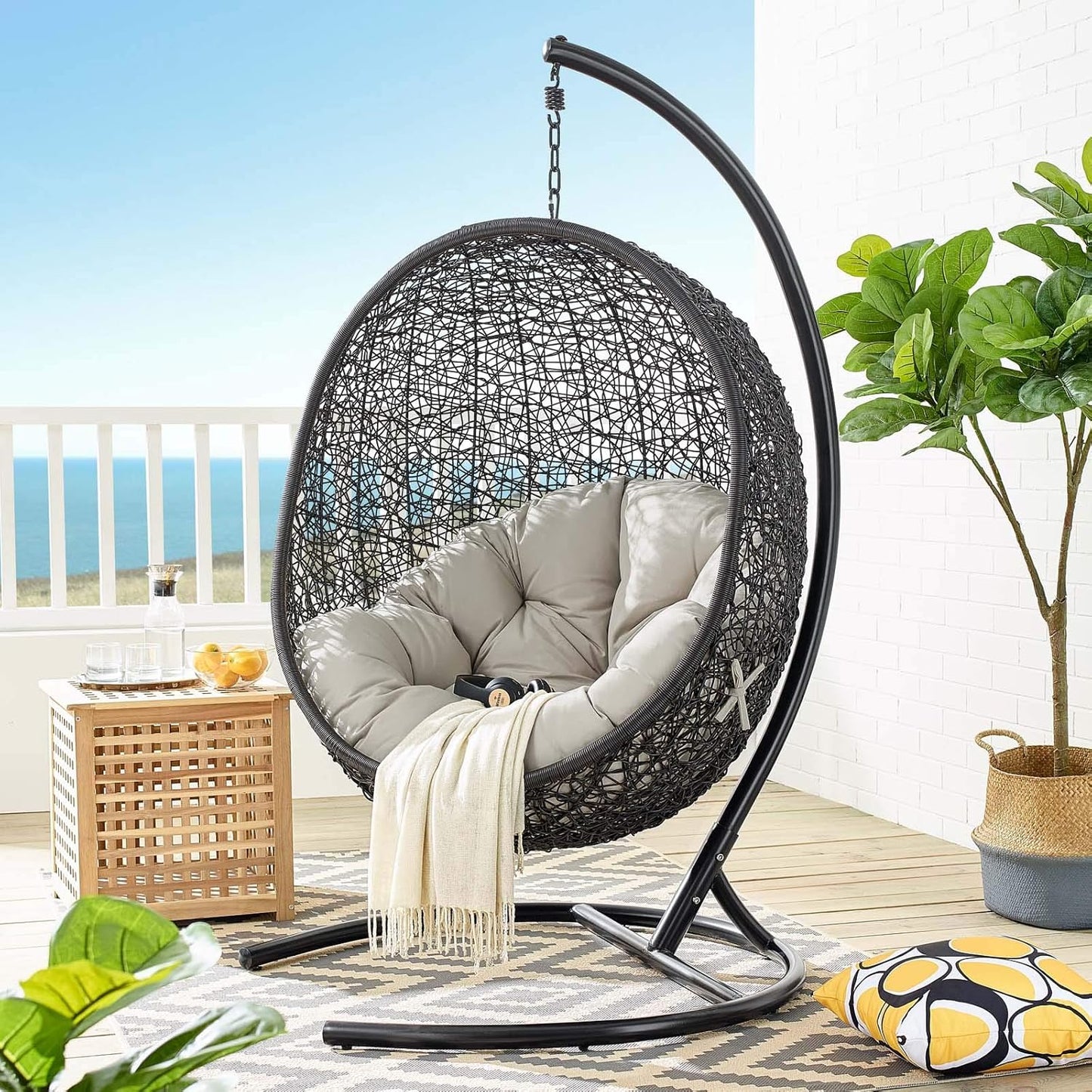 EEI-739-BEI-SET Encase Swing Outdoor Patio Lounge Chair, with Stand, Beige