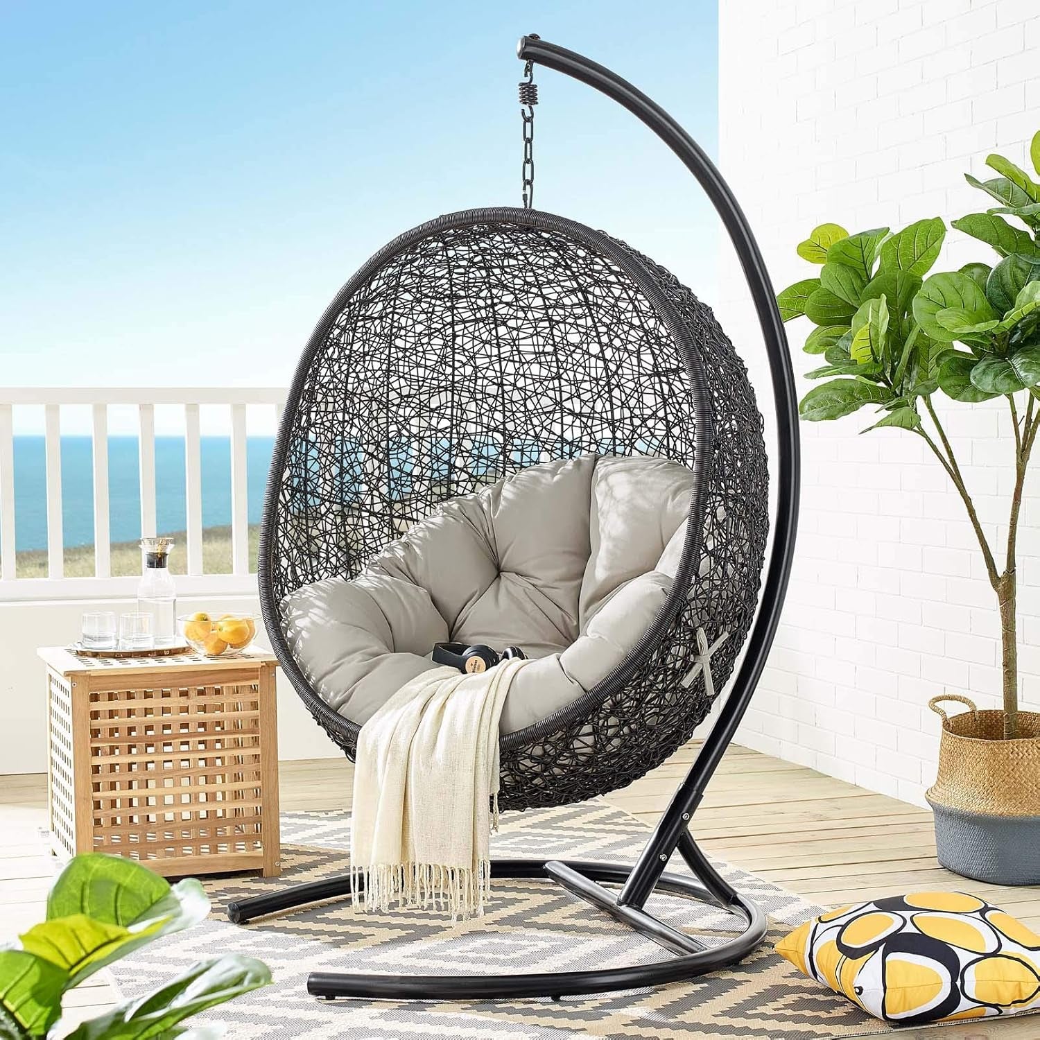 EEI-739-BEI-SET Encase Swing Outdoor Patio Lounge Chair, with Stand, Beige