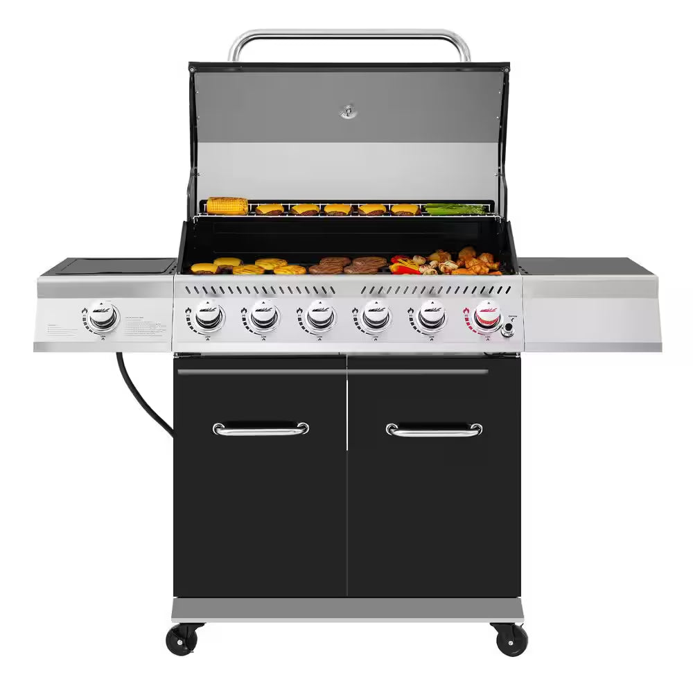 6-Burner BBQ Liquid Propane Gas Grill with Sear Burner and Side Burner, 74,000 BTU, Cabinet Style Grill in Black