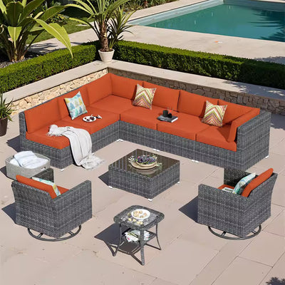 Messi Grey 10-Piece Wicker Patio Conversation Sofa Seating Set with Swivel Rocking Chairs and Orange Red Cushions