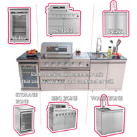 Outdoor Kitchen Island Built for Complete Backyard Cooking, 104" Modular Design, Gas Grill, Sink, Refrigerator