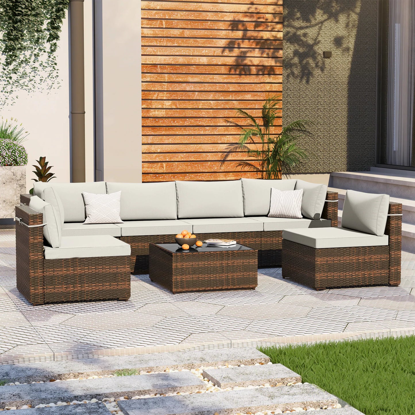 7 -Piece Wicker Patio Conversation Set with Beige Cushions