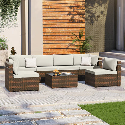 7 -Piece Wicker Patio Conversation Set with Beige Cushions