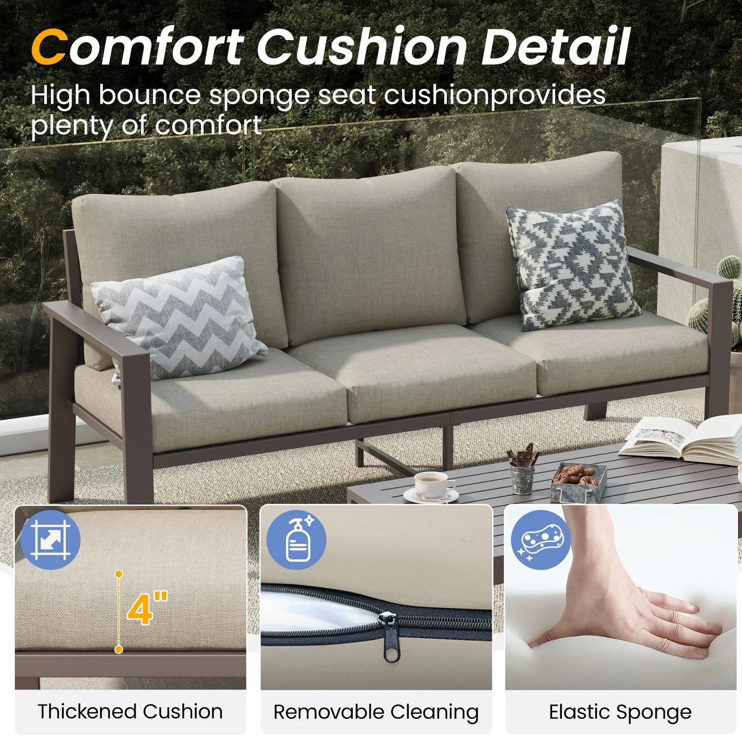 Aluminum Patio Furniture Set, Contemporary Outdoor Couch Set, Aluminum Patio Conversation Set, Beige
