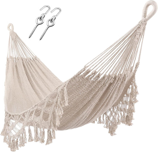 ZEAN Handwoven Hammock with Tassels by Thick Cotton Rope XL Two Person Hammock for outside Patio Backyard Garden Beach 550LB Capacity