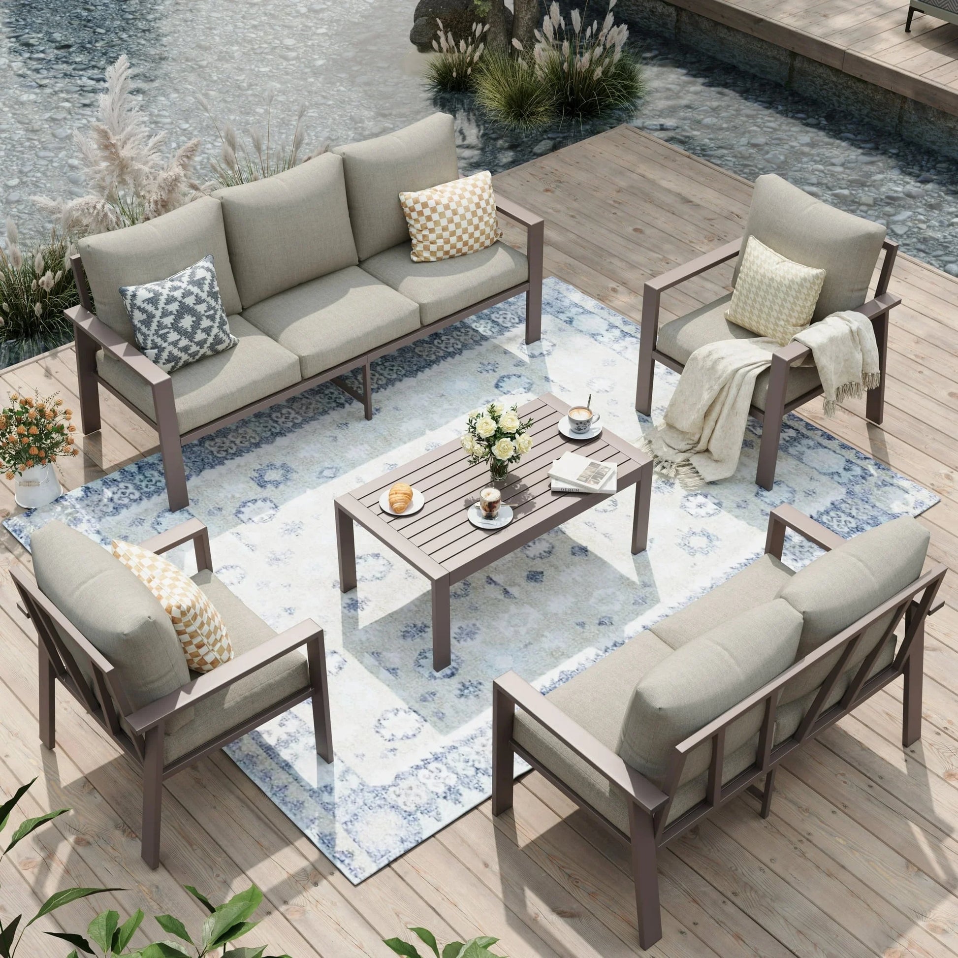 Aluminum Patio Furniture Set, Contemporary Outdoor Couch Set, Aluminum Patio Conversation Set, Beige
