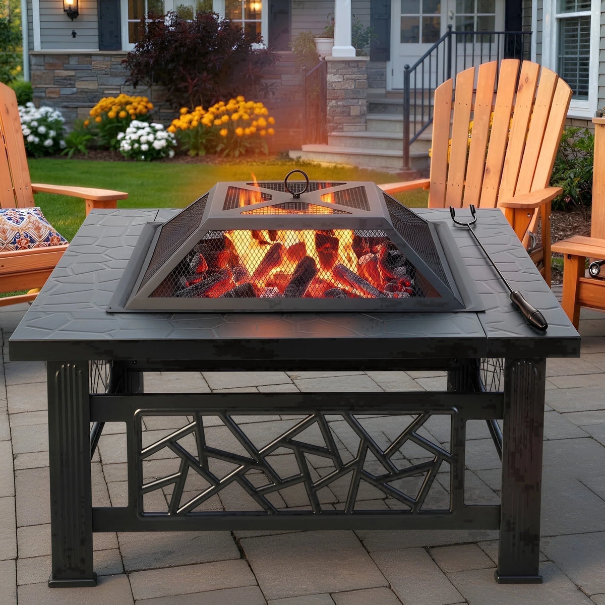 32" Fire Pit Table,  3-In-1 Outdoor Fire Pit with BBQ Grill, Mesh Lid & Cover, Modern Metal Square Wood Burning Fire Pit for Outside, Backyard, Patio & Camping