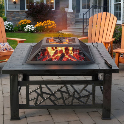 32" Fire Pit Table,  3-In-1 Outdoor Fire Pit with BBQ Grill, Mesh Lid & Cover, Modern Metal Square Wood Burning Fire Pit for Outside, Backyard, Patio & Camping