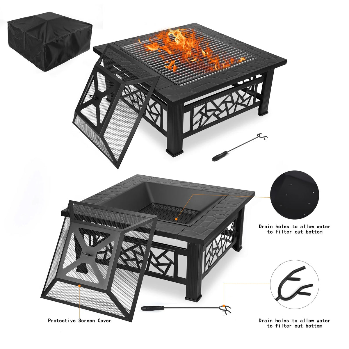 32" Fire Pit Table,  3-In-1 Outdoor Fire Pit with BBQ Grill, Mesh Lid & Cover, Modern Metal Square Wood Burning Fire Pit for Outside, Backyard, Patio & Camping