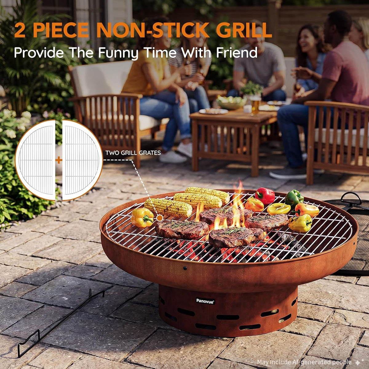 32 Inch Fire Pit with 2 Cooking Grills, Spark Screen and Poker