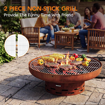 32 Inch Fire Pit with 2 Cooking Grills, Spark Screen and Poker