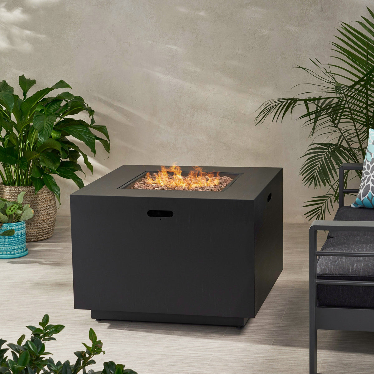Square Iron Outdoor Propane Fire Pit with 50,000 BTU Output - Gray