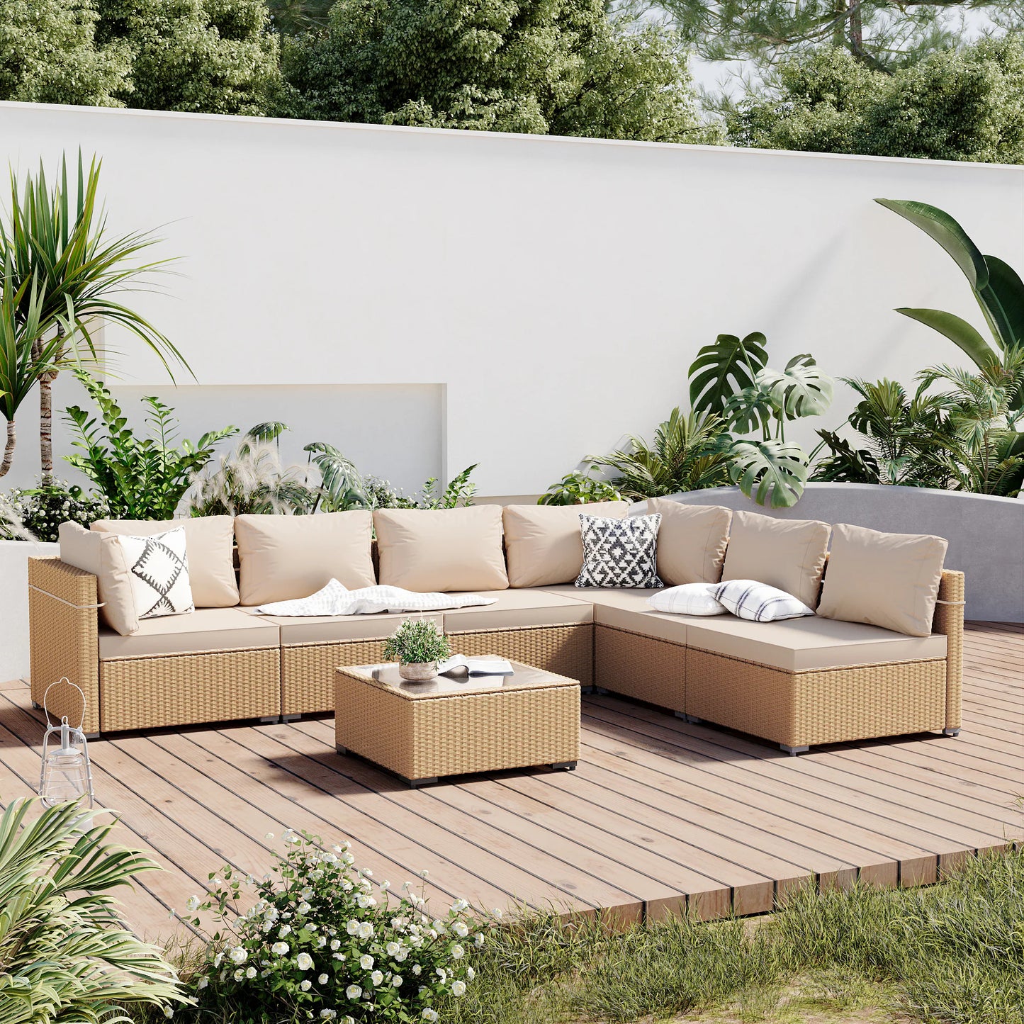 7 -Piece Wicker Patio Conversation Set with Beige Cushions