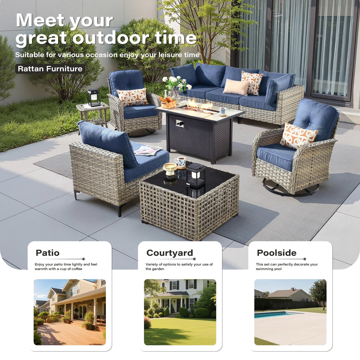 9 Pieces Patio Furniture Set All Weather Wicker Outdoor Conversation Set with 42" Fire Pit outside Furniture Patio Sofa with Swivel Chairs & Solar Table, Denim Blue