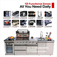 Outdoor Kitchen Island Built for Complete Backyard Cooking, 104" Modular Design, Gas Grill, Sink, Refrigerator