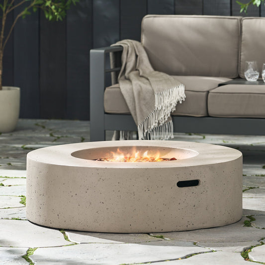 Modern Outdoor 50000 BTU Round MgO Concrete Propane Fire Pit, Light Grey
