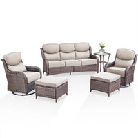 6 Pieces Luxury Outdoor Patio Furniture Sets Outdoor Conversation Sets with Swivel Rocker Patio Chairs with 6" Thick Cushion,Sofa and Glass Coffee Table for Porch Deck Backyard Poolside