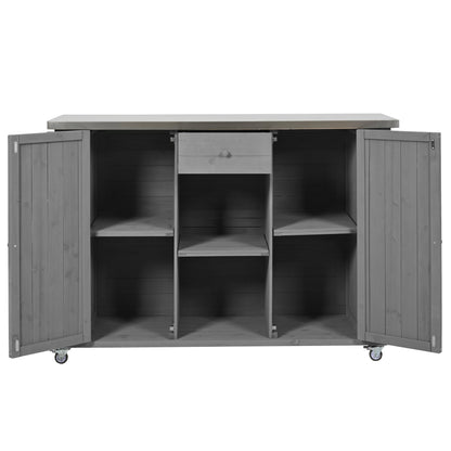 Outdoor Kitchen Island Fir Wood Kitchen Island with Stainless Steel Top, Ample Storage, Towel and Spice Racks, Bottle Opener, Grey