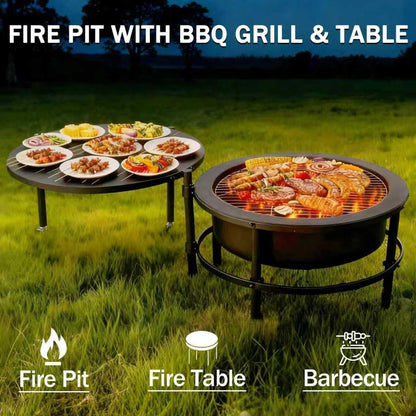 Large Outdoor Fire Pit with Poker, round Wood Burning Firepit Bowl