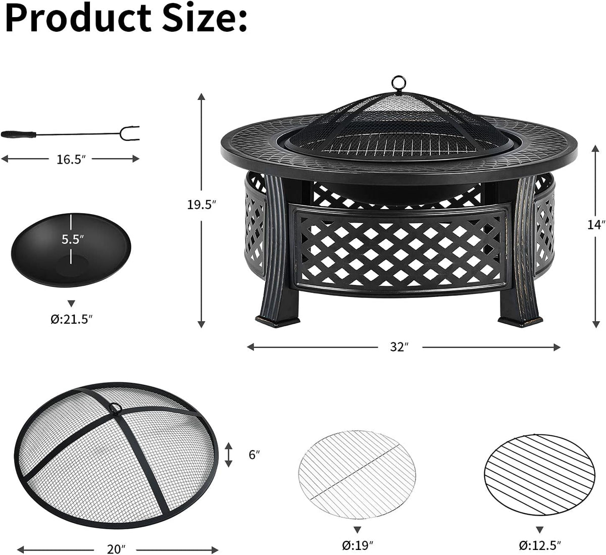 3 in 1 Fire Pit, 32" Outdoor round Wood Burning Fire Pit