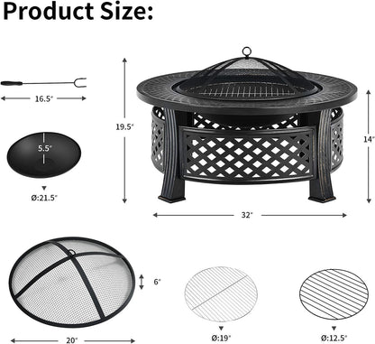 3 in 1 Fire Pit, 32" Outdoor round Wood Burning Fire Pit